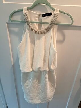 Sabora White Beaded Neck Dress Sleeveless Blouson Cocktail Size medium
